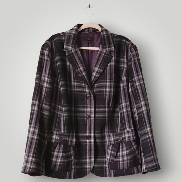 Talbots 22W Purple Plaid Wool Blazer Gray Black Windowpane Plus Size Dark Academ - Picture 3 of 10